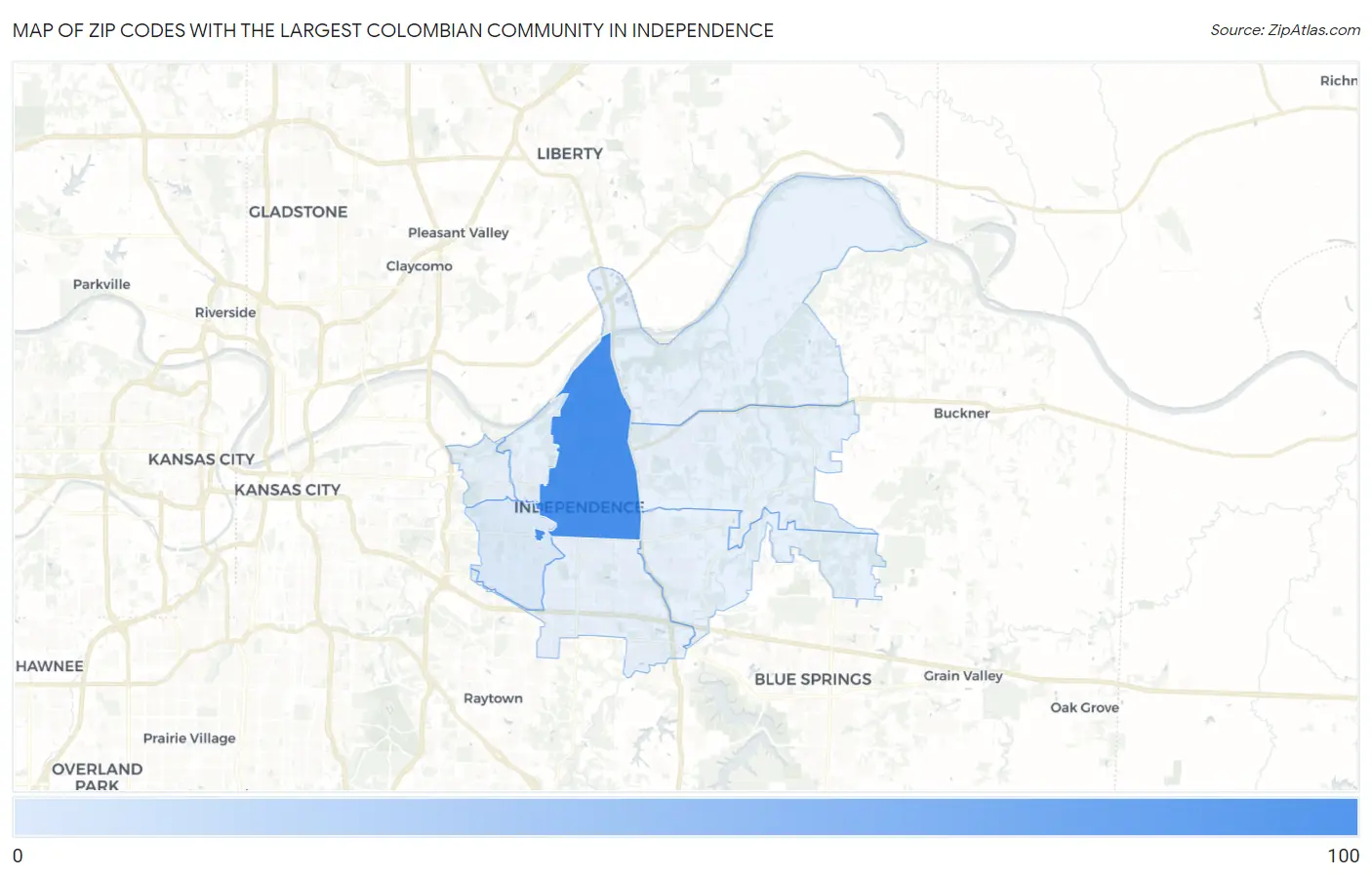 Zip Codes with the Largest Colombian Community in Independence Map