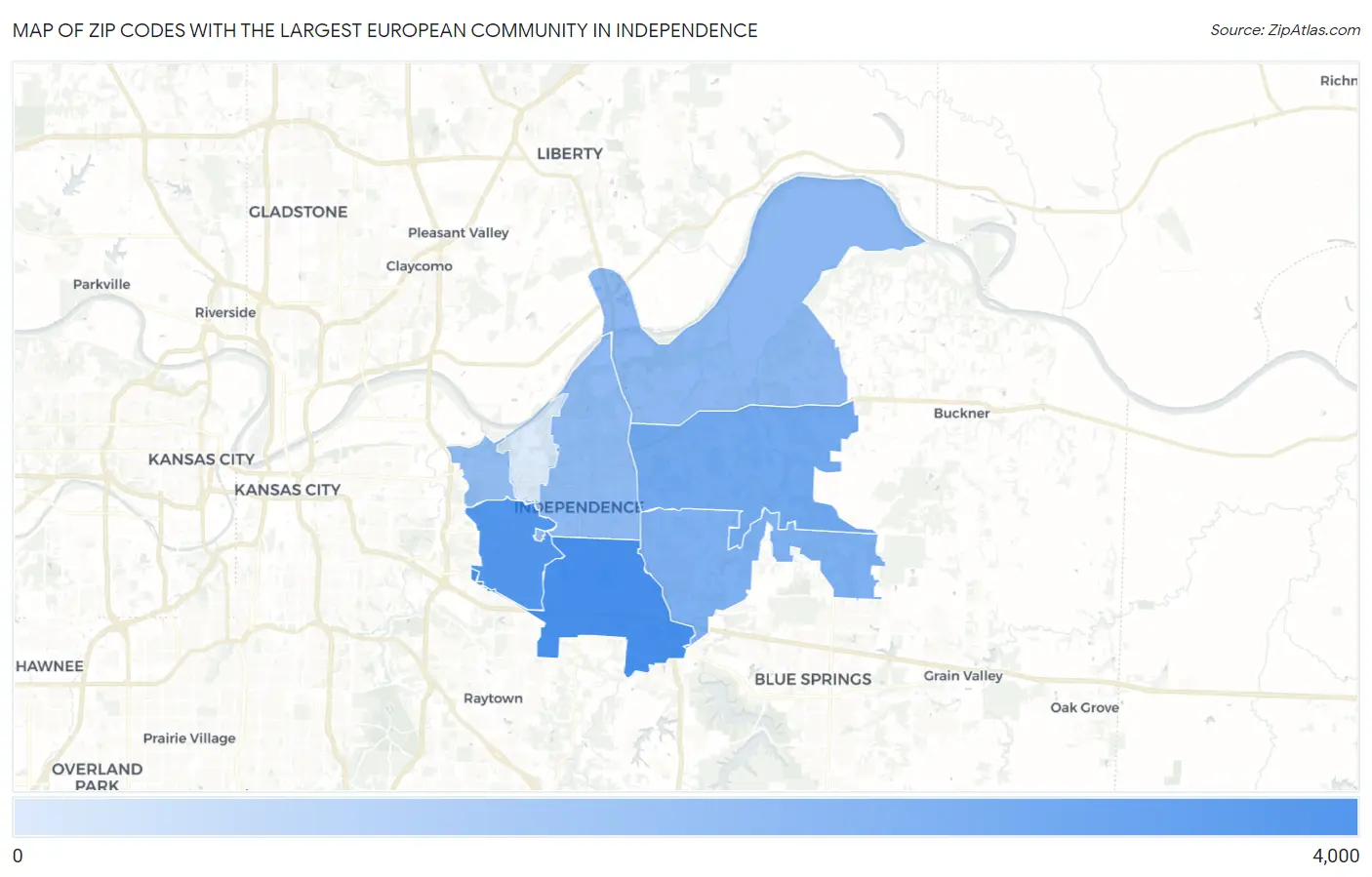 Zip Codes with the Largest European Community in Independence Map