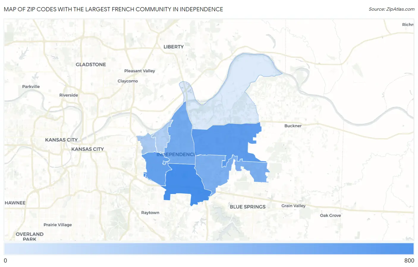 Zip Codes with the Largest French Community in Independence Map