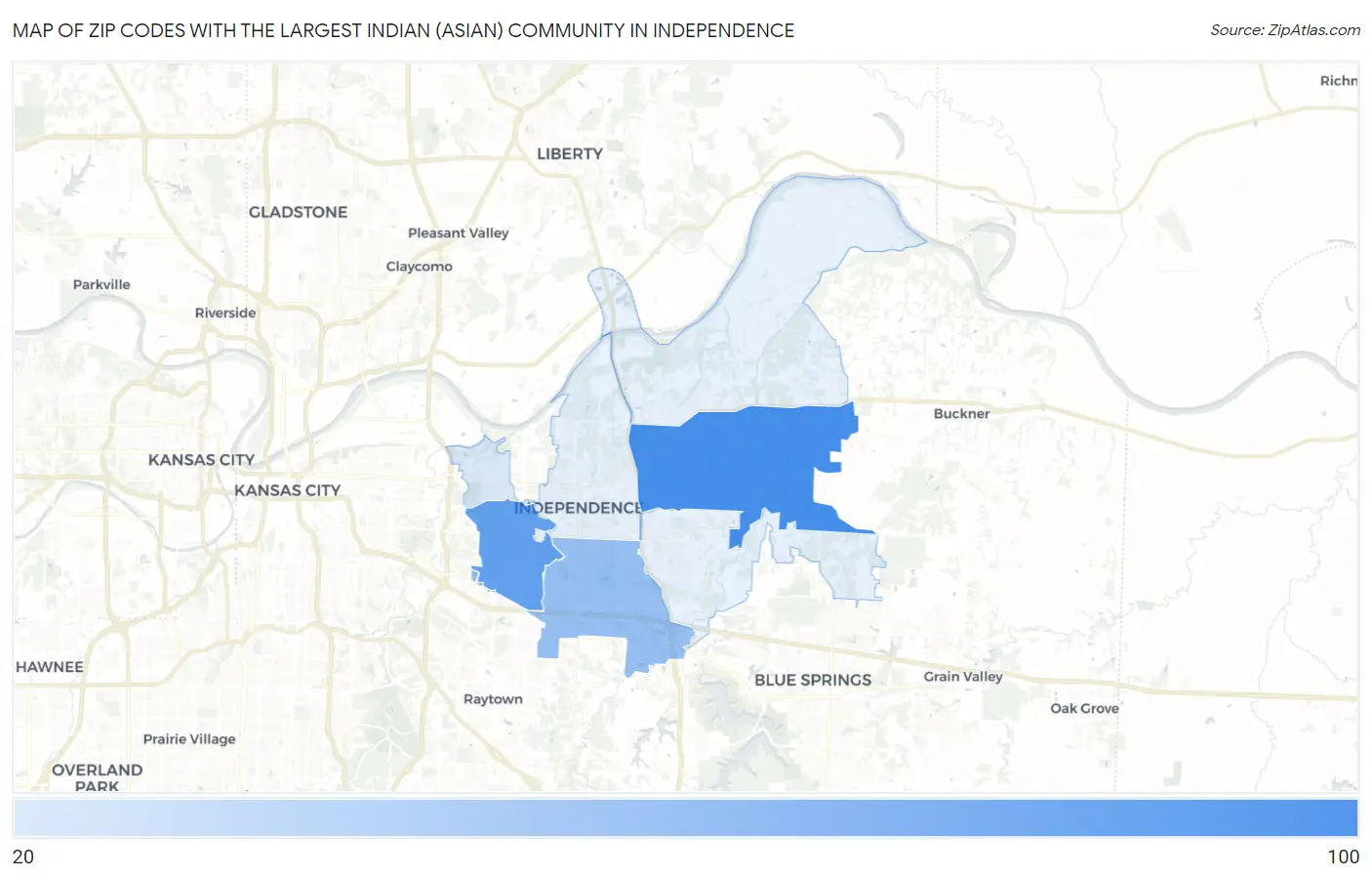 Zip Codes with the Largest Indian (Asian) Community in Independence Map