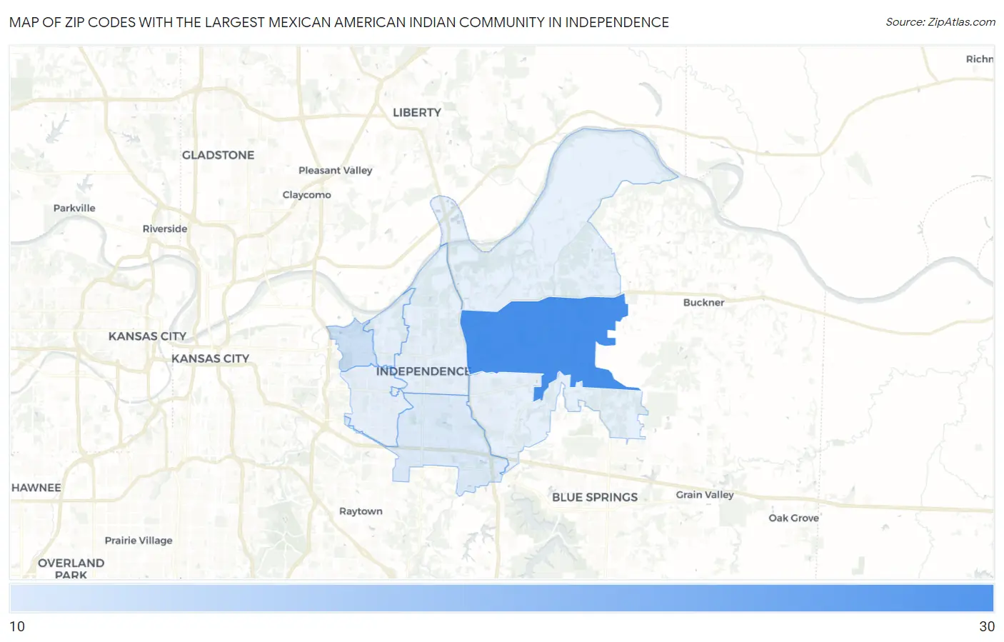 Zip Codes with the Largest Mexican American Indian Community in Independence Map