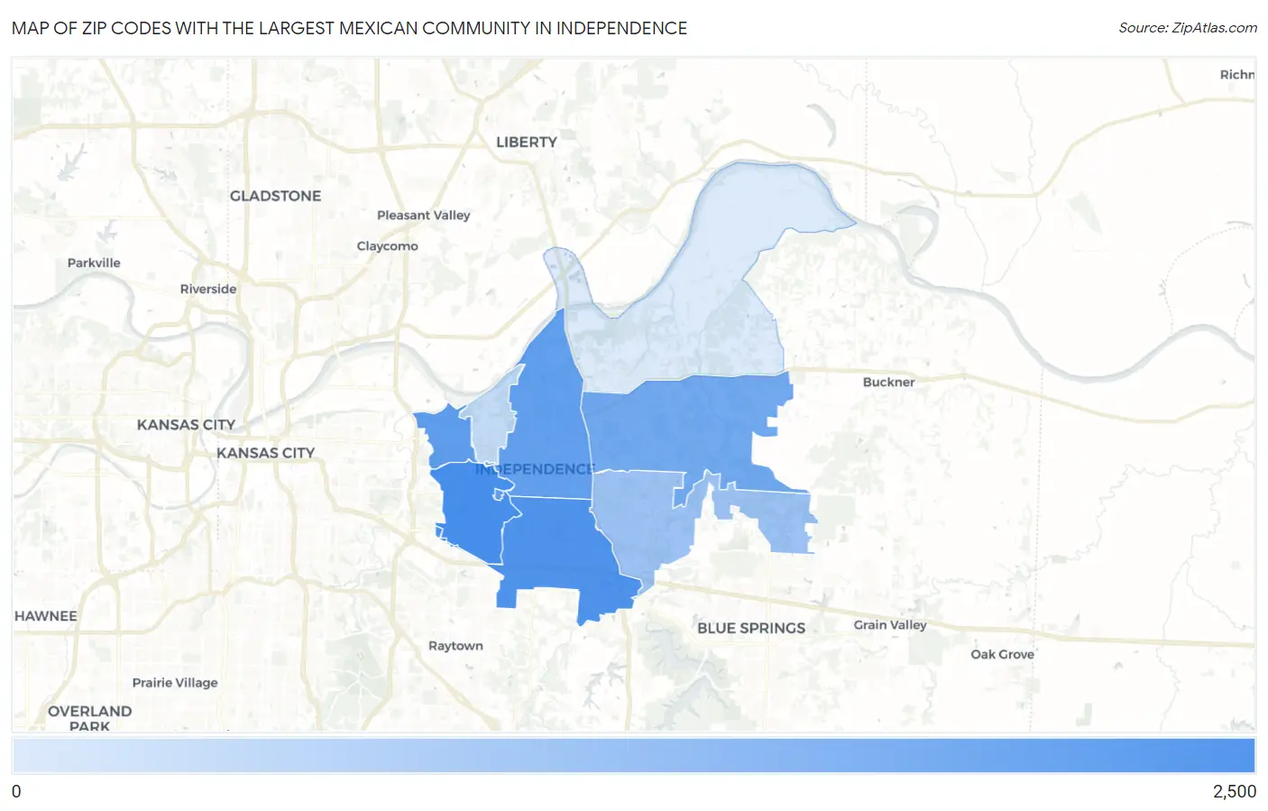 Zip Codes with the Largest Mexican Community in Independence Map