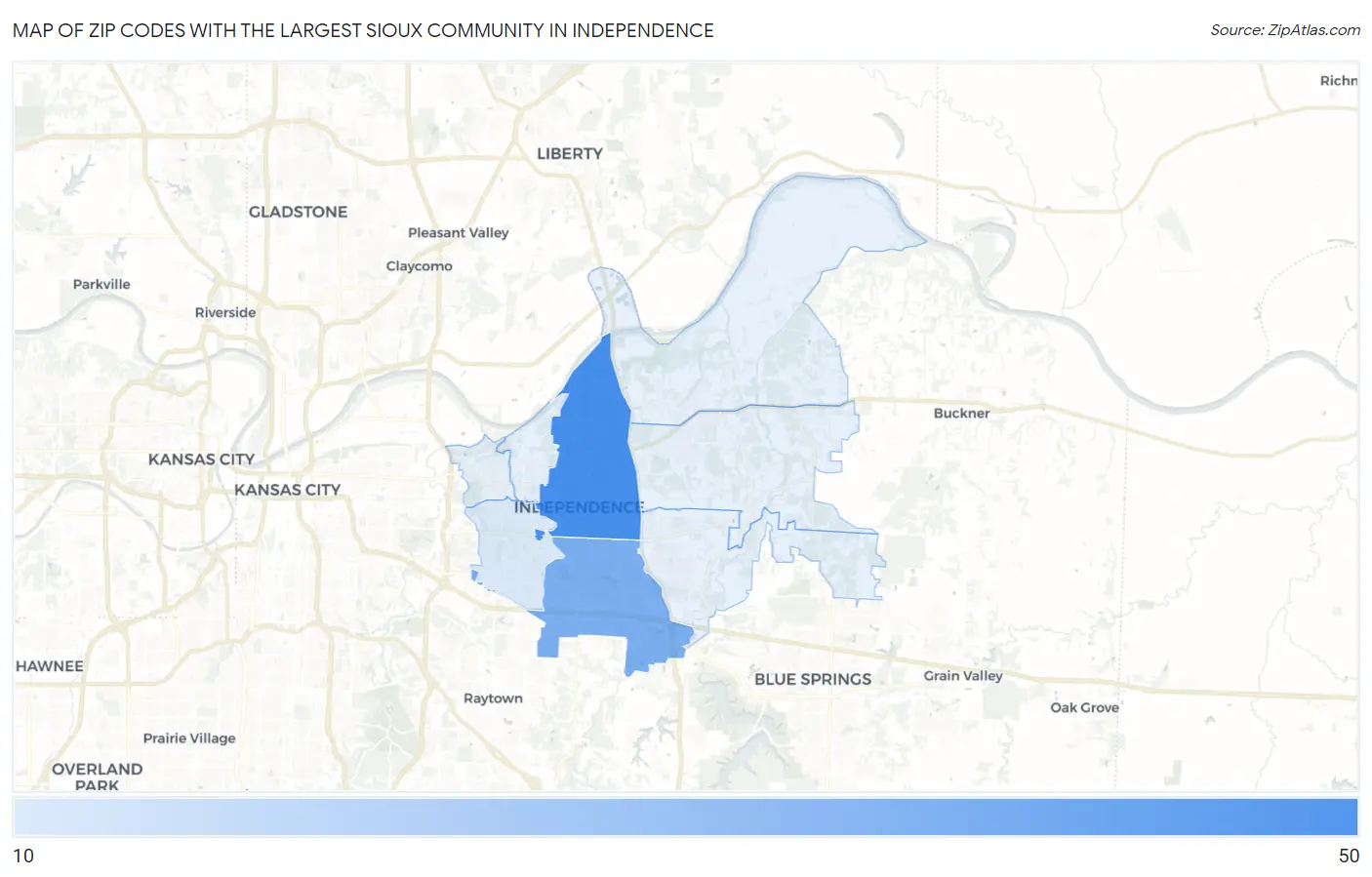 Zip Codes with the Largest Sioux Community in Independence Map