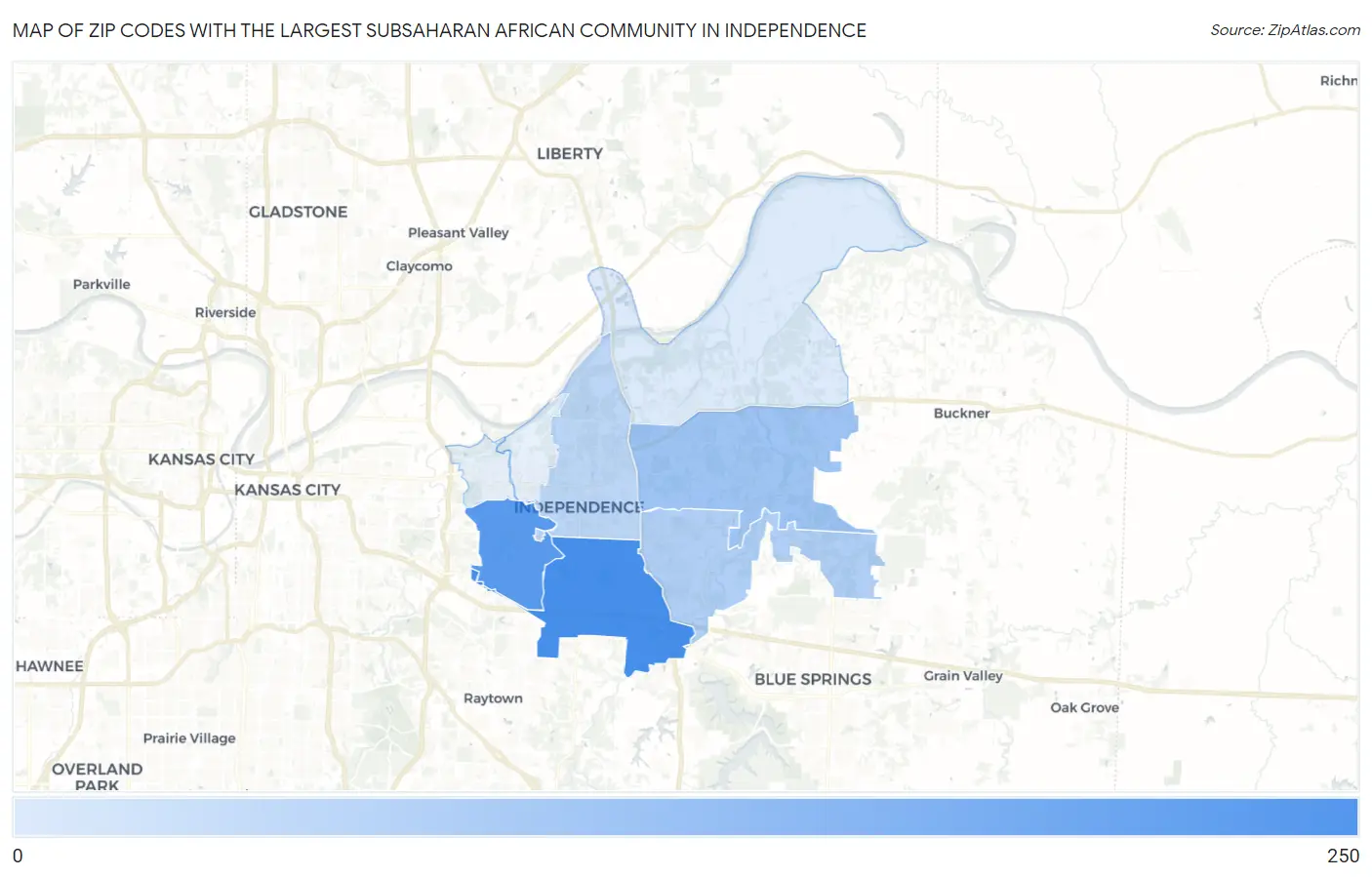Zip Codes with the Largest Subsaharan African Community in Independence Map