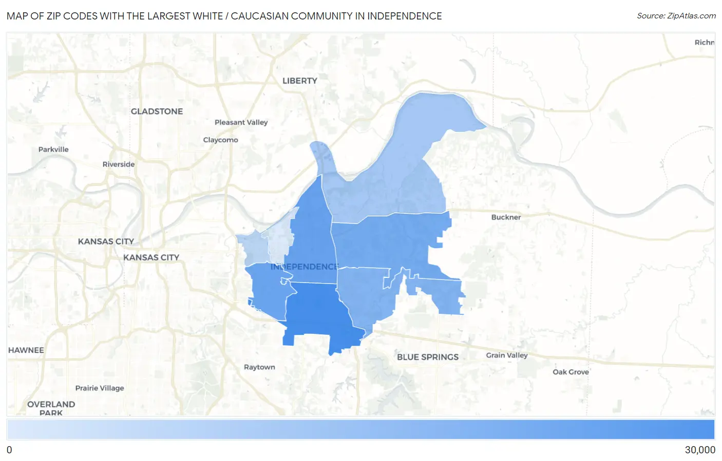 Zip Codes with the Largest White / Caucasian Community in Independence Map