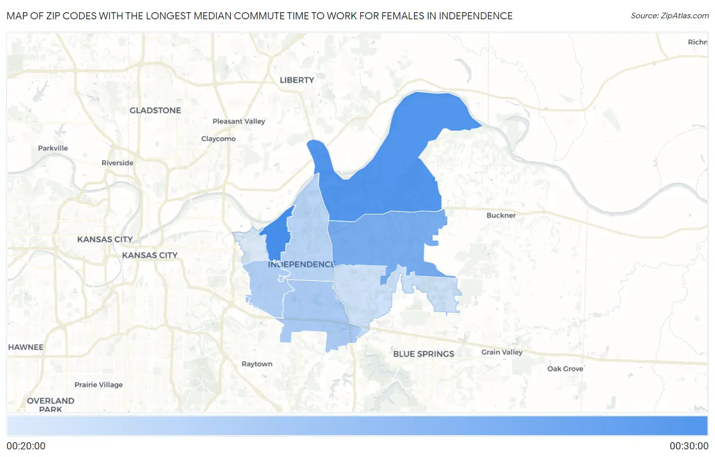 Zip Codes with the Longest Median Commute Time to Work for Females in Independence Map