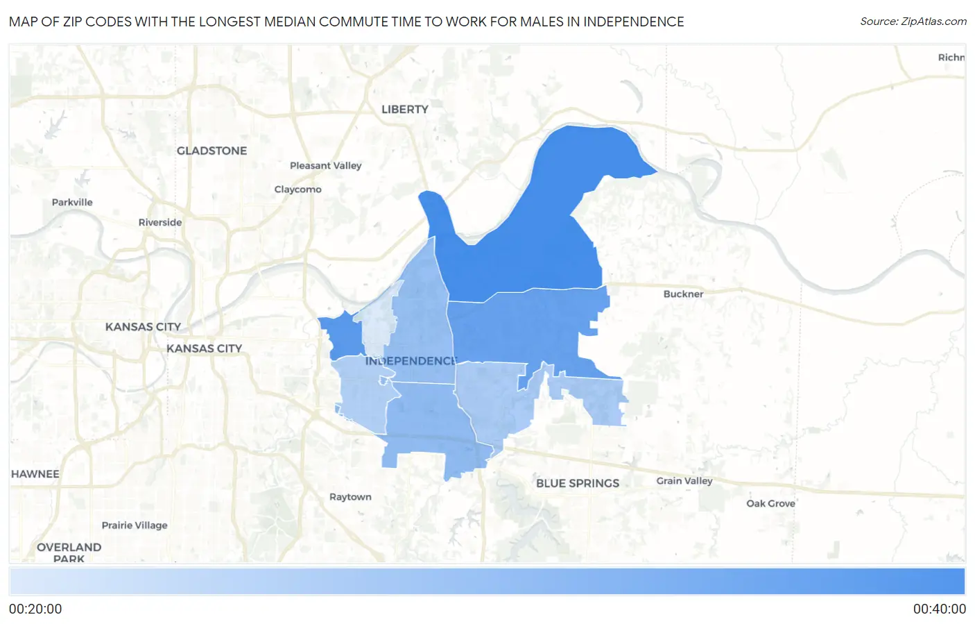 Zip Codes with the Longest Median Commute Time to Work for Males in Independence Map