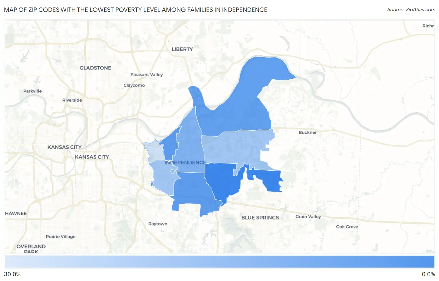 Zip Codes with the Lowest Poverty Level Among Families in Independence Map