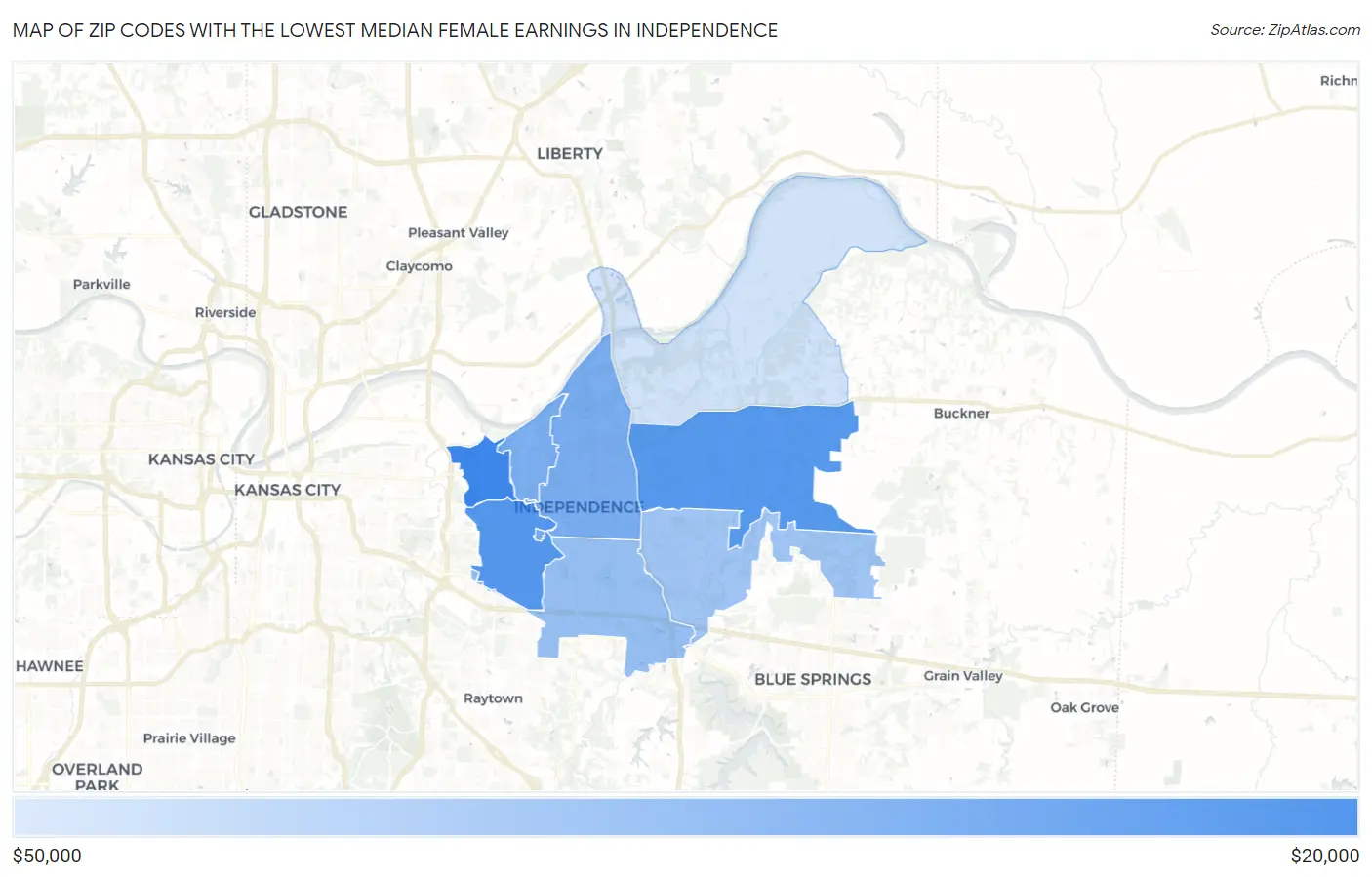 Zip Codes with the Lowest Median Female Earnings in Independence Map