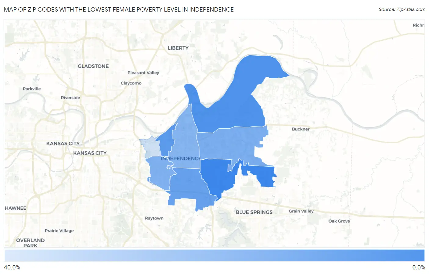 Zip Codes with the Lowest Female Poverty Level in Independence Map