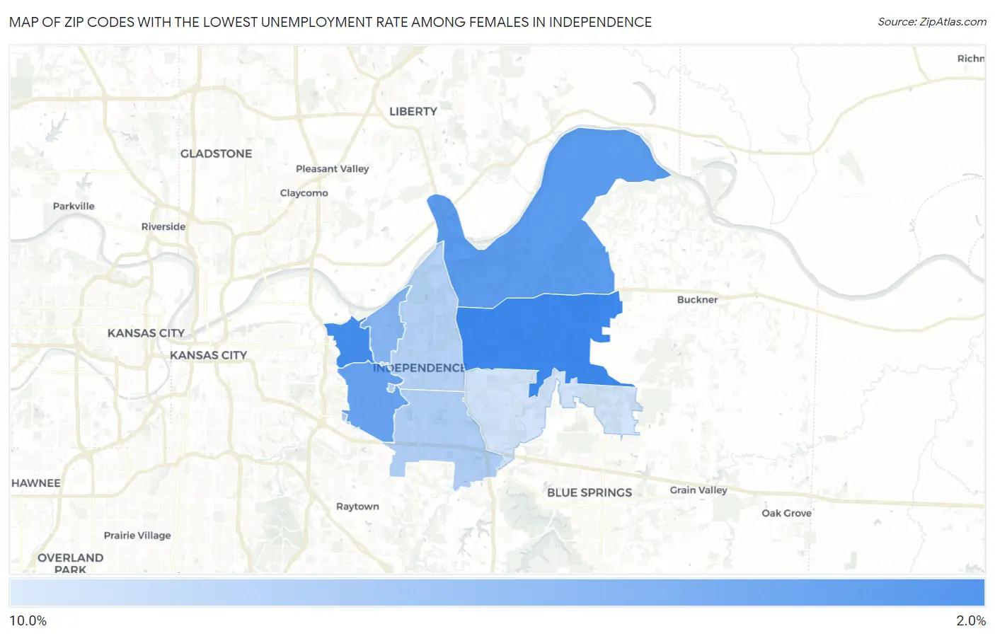 Zip Codes with the Lowest Unemployment Rate Among Females in Independence Map