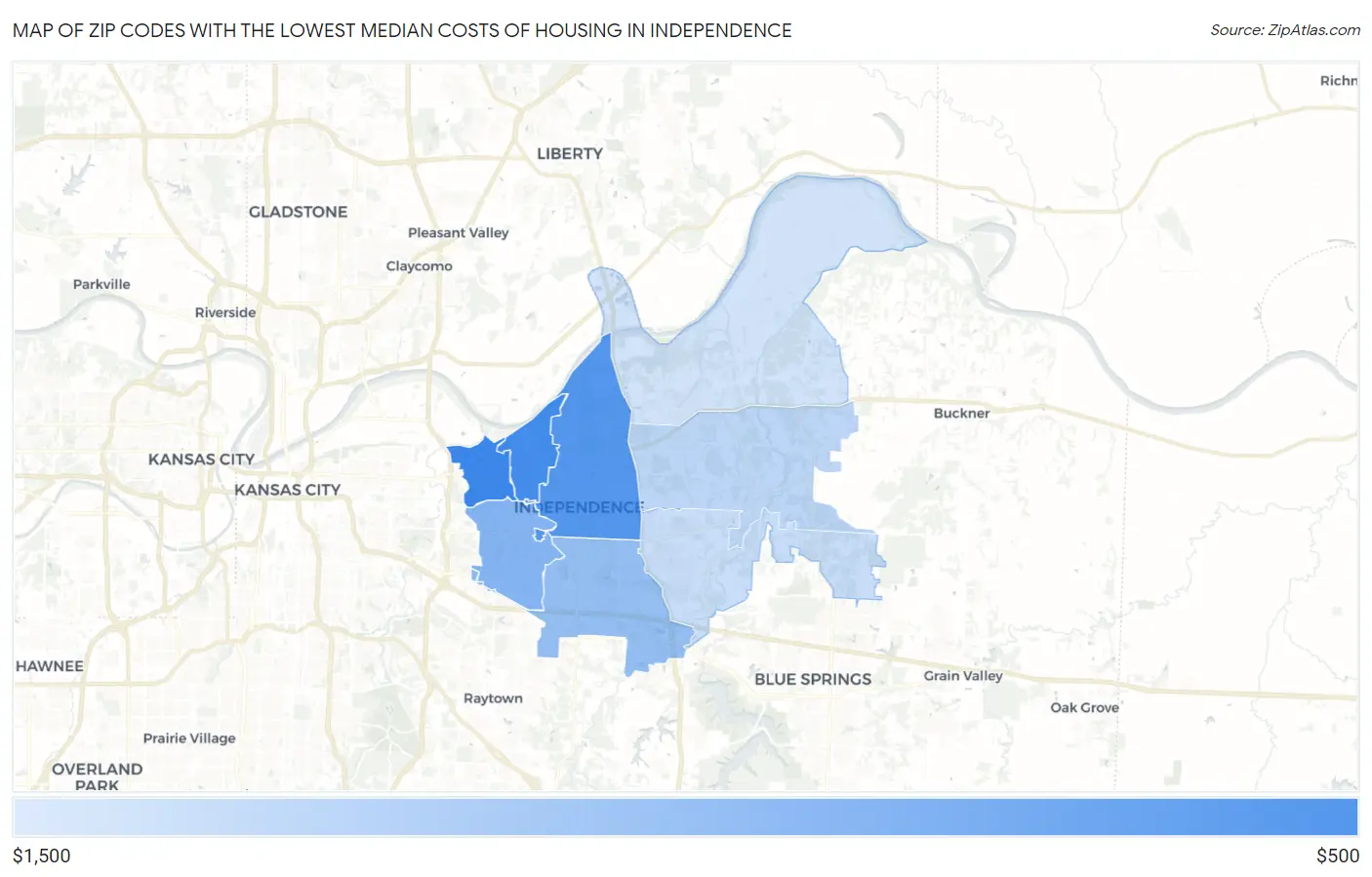 Zip Codes with the Lowest Median Costs of Housing in Independence Map