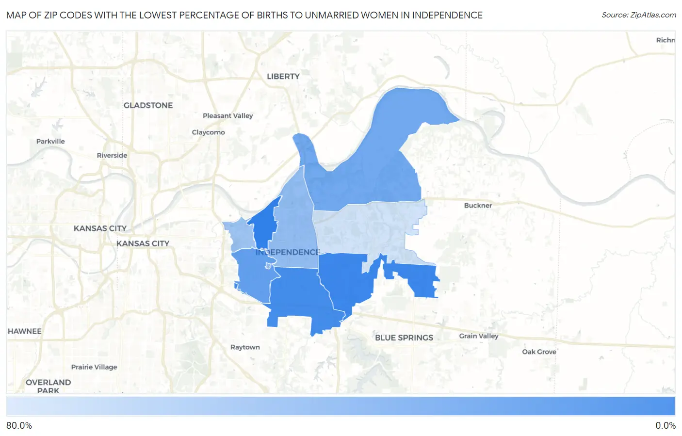 Zip Codes with the Lowest Percentage of Births to Unmarried Women in Independence Map