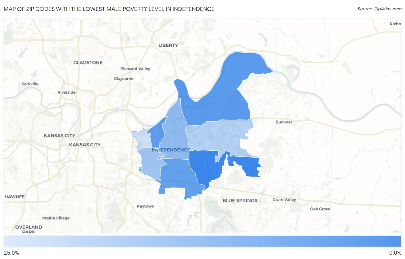 Zip Codes with the Lowest Male Poverty Level in Independence Map