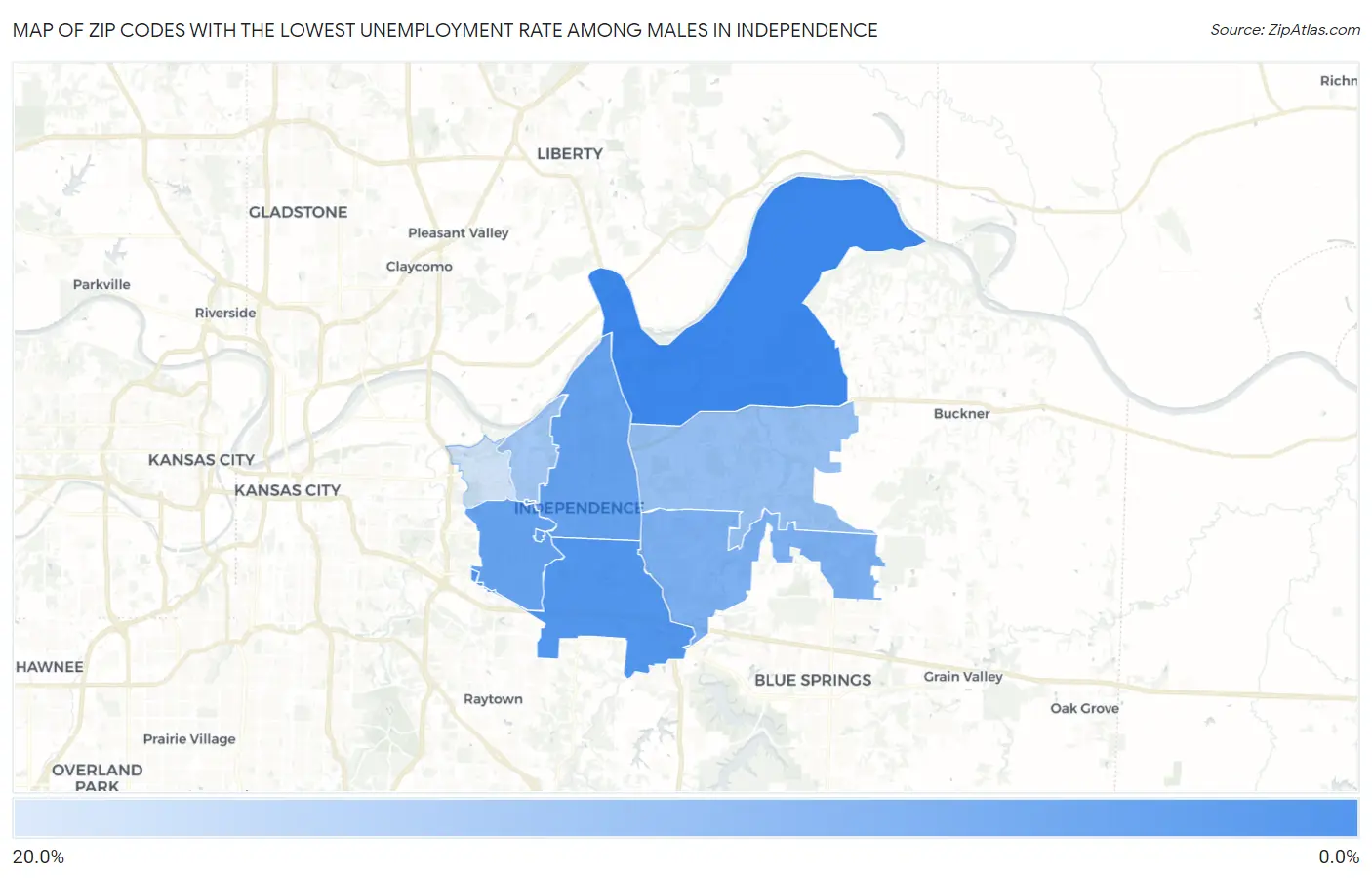 Zip Codes with the Lowest Unemployment Rate Among Males in Independence Map