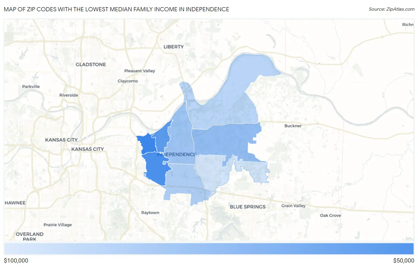 Zip Codes with the Lowest Median Family Income in Independence Map