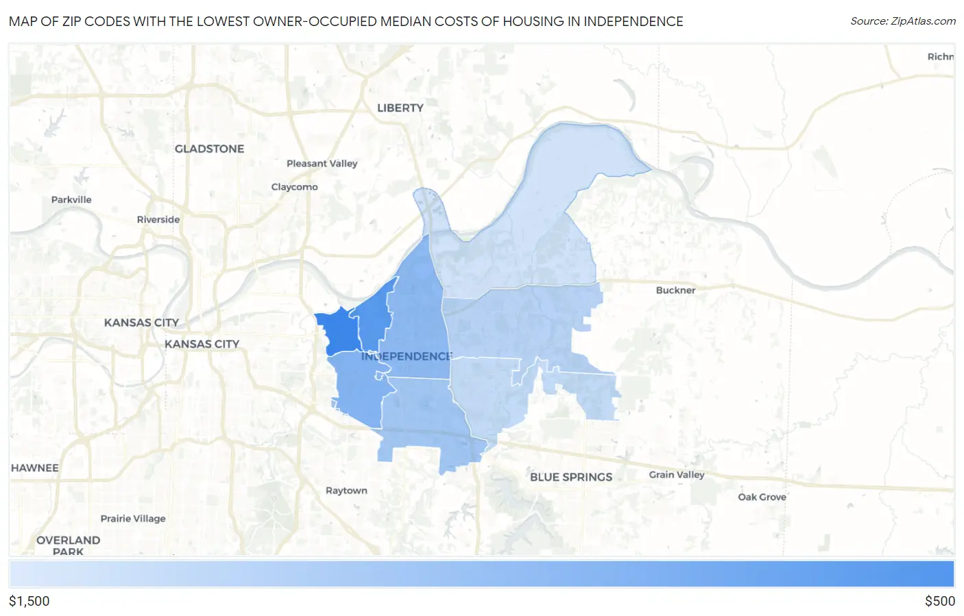 Zip Codes with the Lowest Owner-Occupied Median Costs of Housing in Independence Map