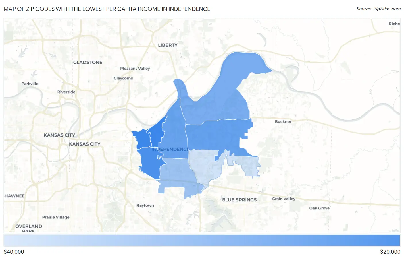 Zip Codes with the Lowest Per Capita Income in Independence Map