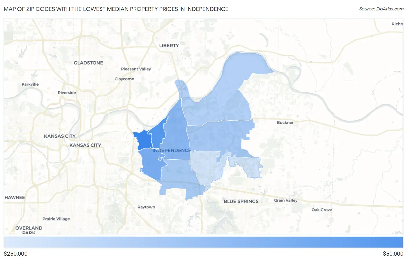 Zip Codes with the Lowest Median Property Prices in Independence Map