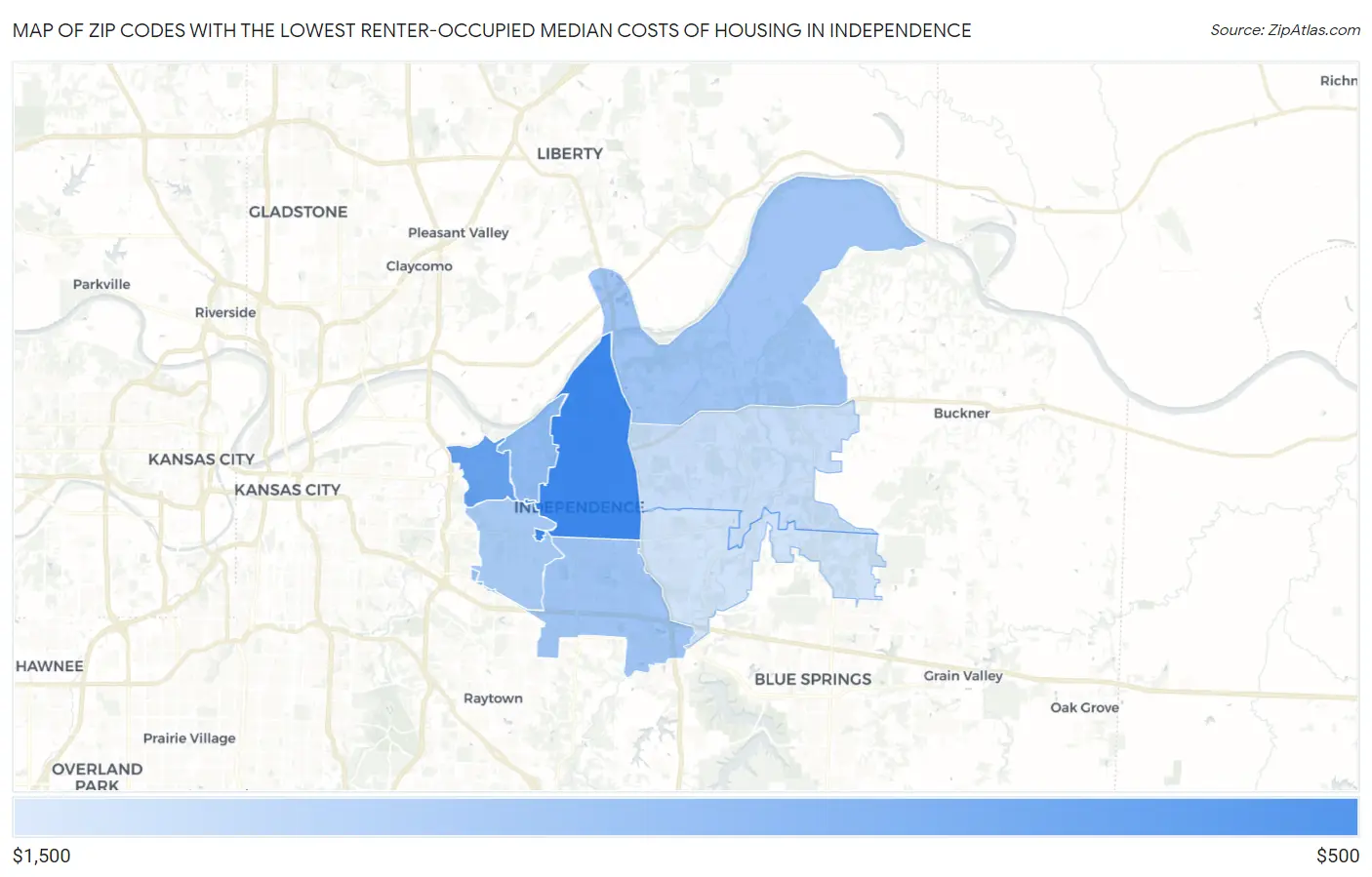Zip Codes with the Lowest Renter-Occupied Median Costs of Housing in Independence Map