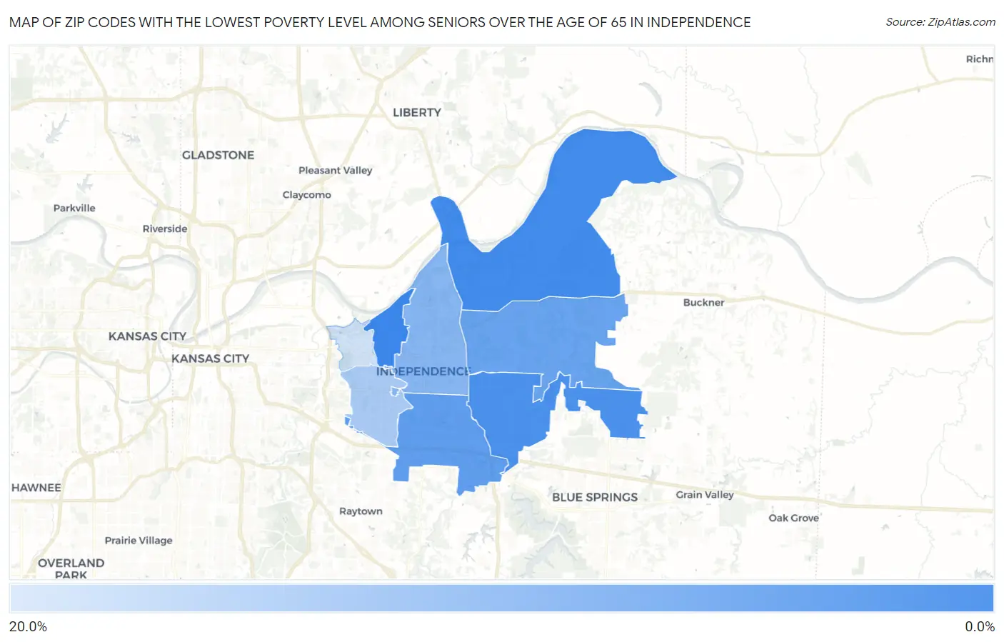 Zip Codes with the Lowest Poverty Level Among Seniors Over the Age of 65 in Independence Map
