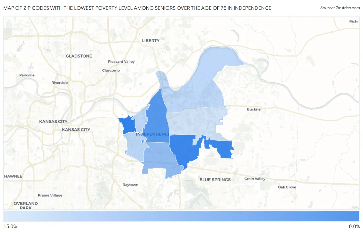 Zip Codes with the Lowest Poverty Level Among Seniors Over the Age of 75 in Independence Map