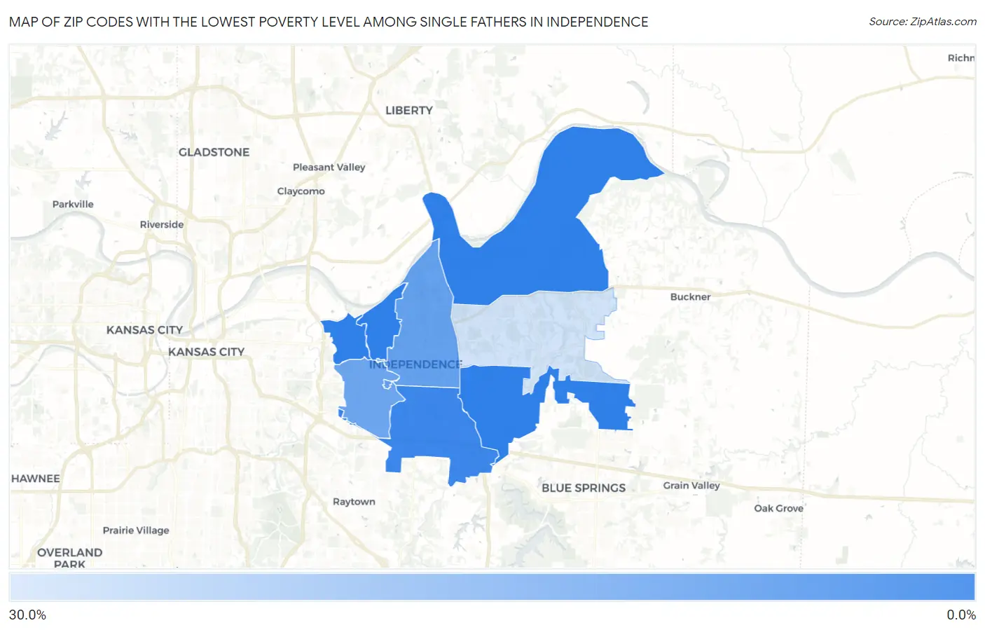Zip Codes with the Lowest Poverty Level Among Single Fathers in Independence Map