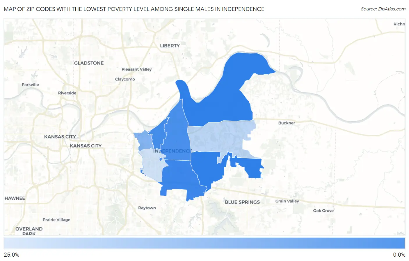 Zip Codes with the Lowest Poverty Level Among Single Males in Independence Map