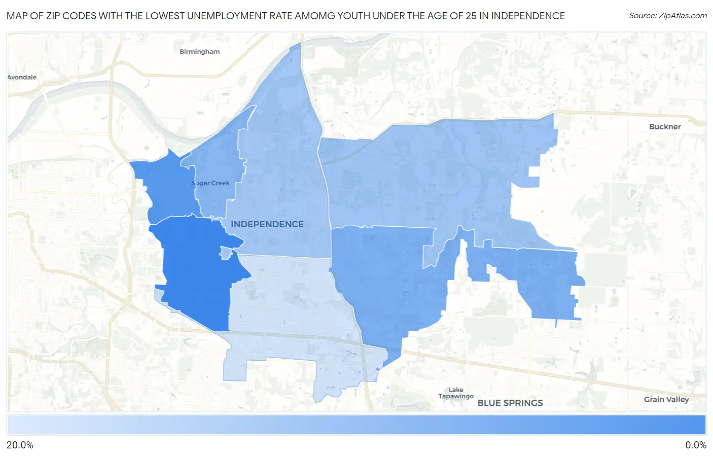 Zip Codes with the Lowest Unemployment Rate Amomg Youth Under the Age of 25 in Independence Map