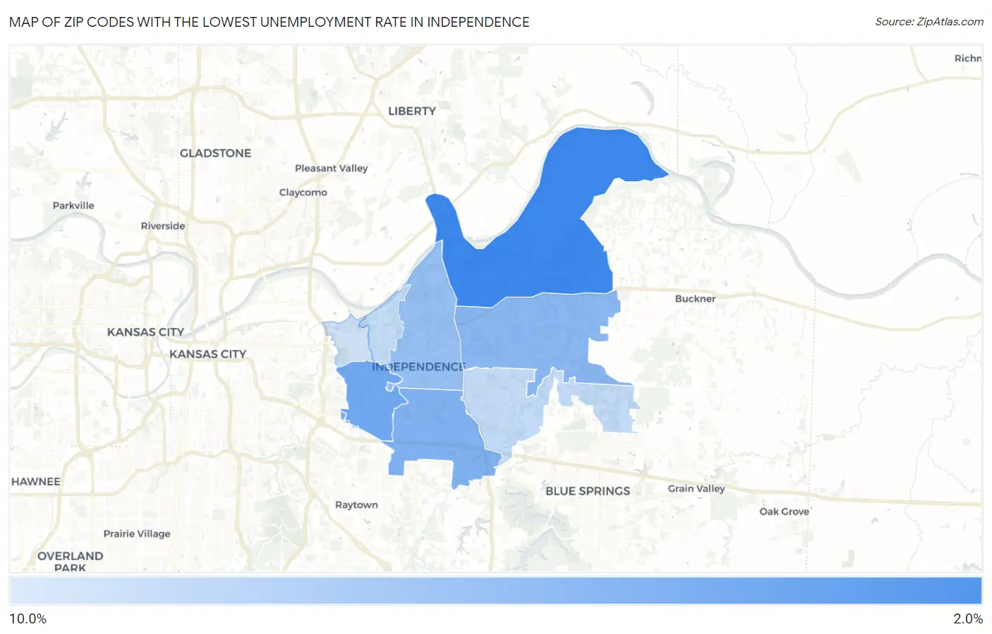 Zip Codes with the Lowest Unemployment Rate in Independence Map