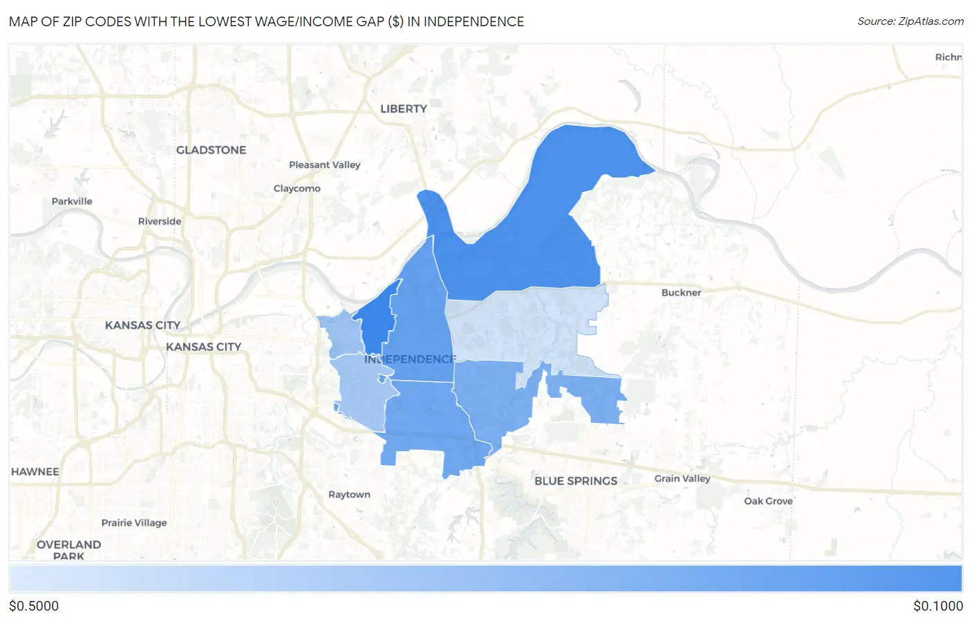 Zip Codes with the Lowest Wage/Income Gap ($) in Independence Map