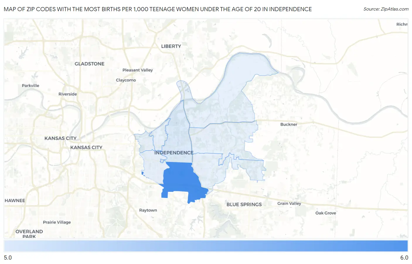 Zip Codes with the Most Births per 1,000 Teenage Women Under the Age of 20 in Independence Map