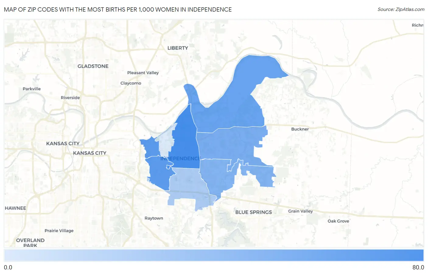 Zip Codes with the Most Births per 1,000 Women in Independence Map