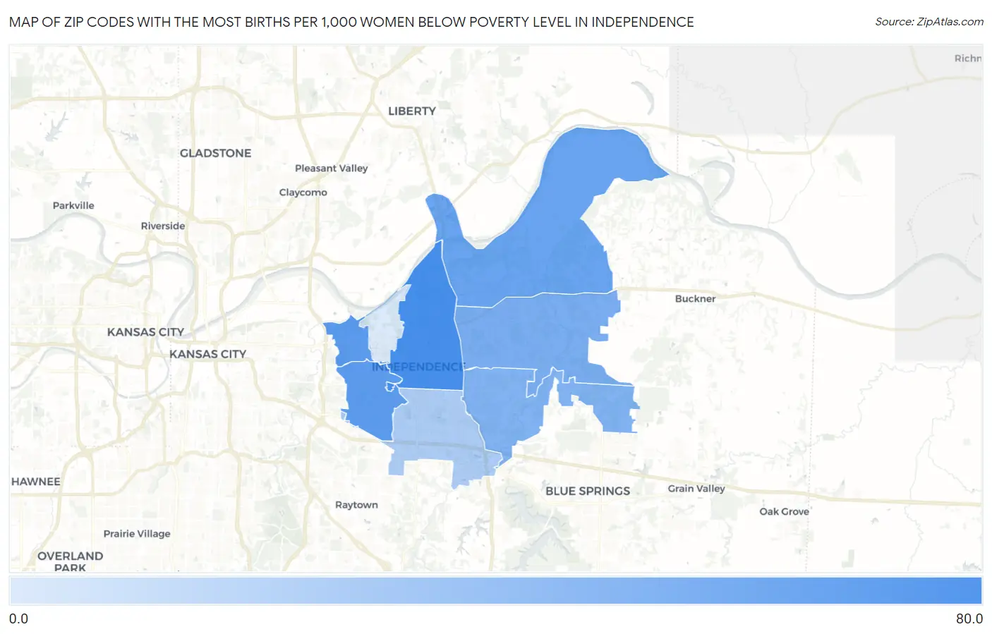 Zip Codes with the Most Births per 1,000 Women Below Poverty Level in Independence Map