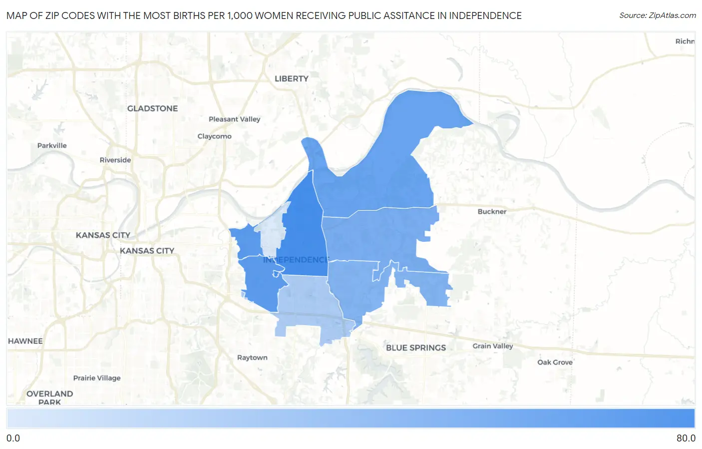 Zip Codes with the Most Births per 1,000 Women Receiving Public Assitance in Independence Map