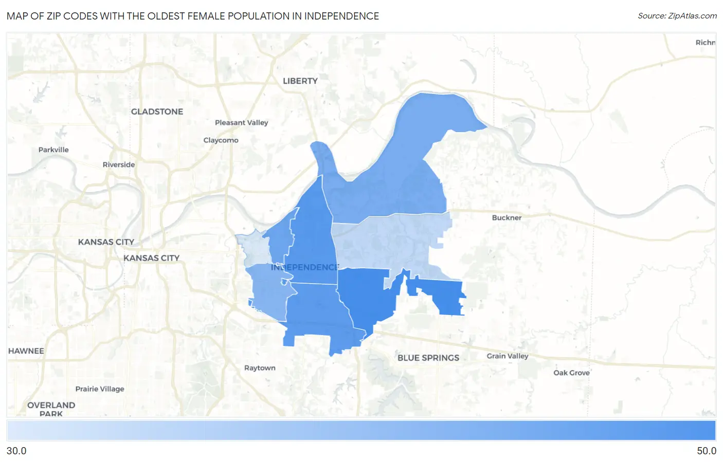 Zip Codes with the Oldest Female Population in Independence Map