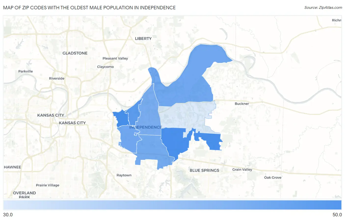 Zip Codes with the Oldest Male Population in Independence Map