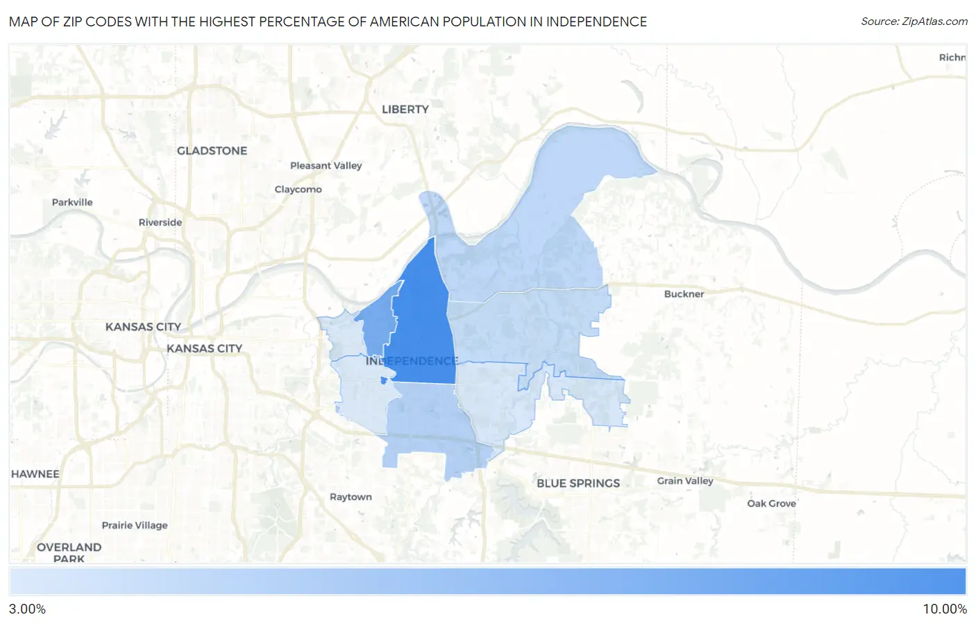 Zip Codes with the Highest Percentage of American Population in Independence Map