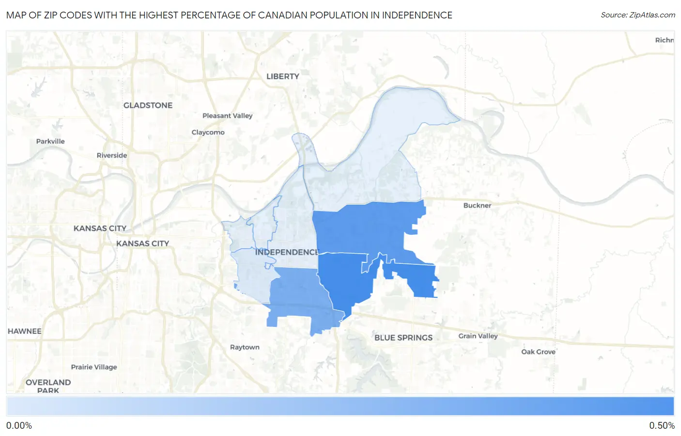 Zip Codes with the Highest Percentage of Canadian Population in Independence Map
