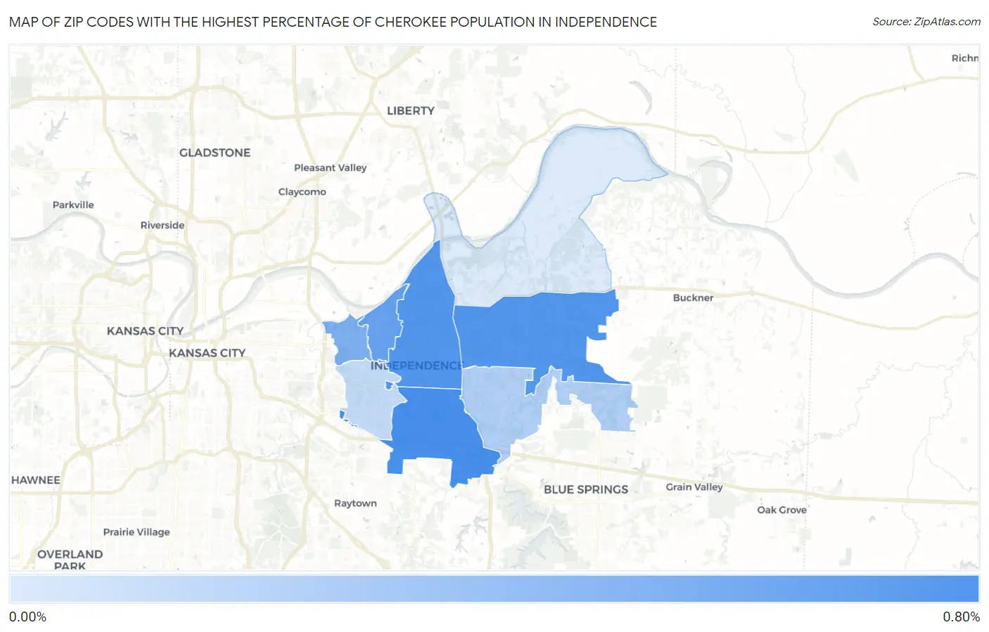 Zip Codes with the Highest Percentage of Cherokee Population in Independence Map