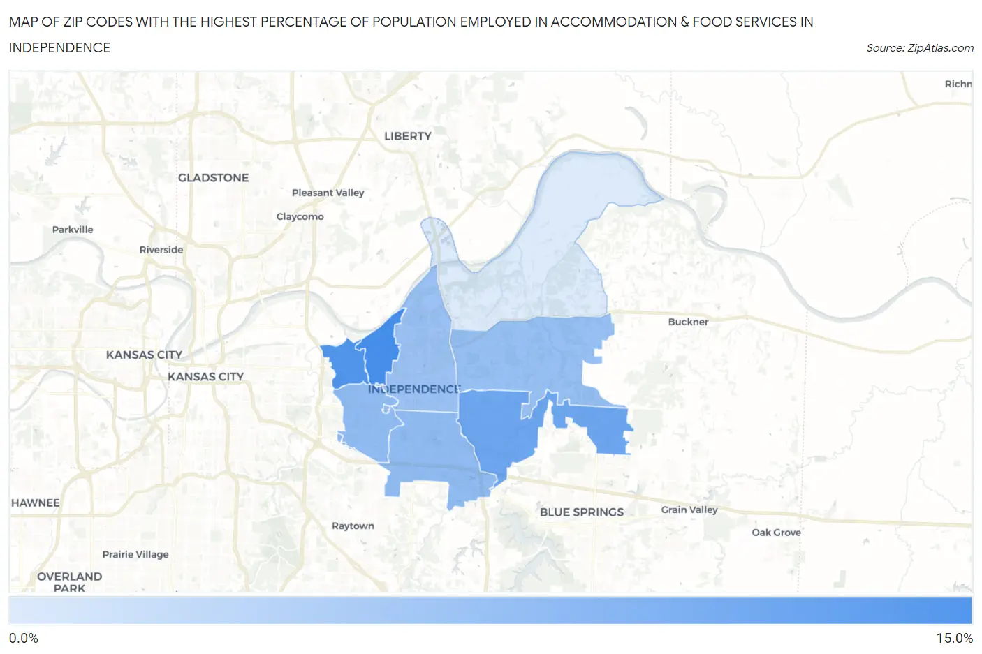 Zip Codes with the Highest Percentage of Population Employed in Accommodation & Food Services in Independence Map