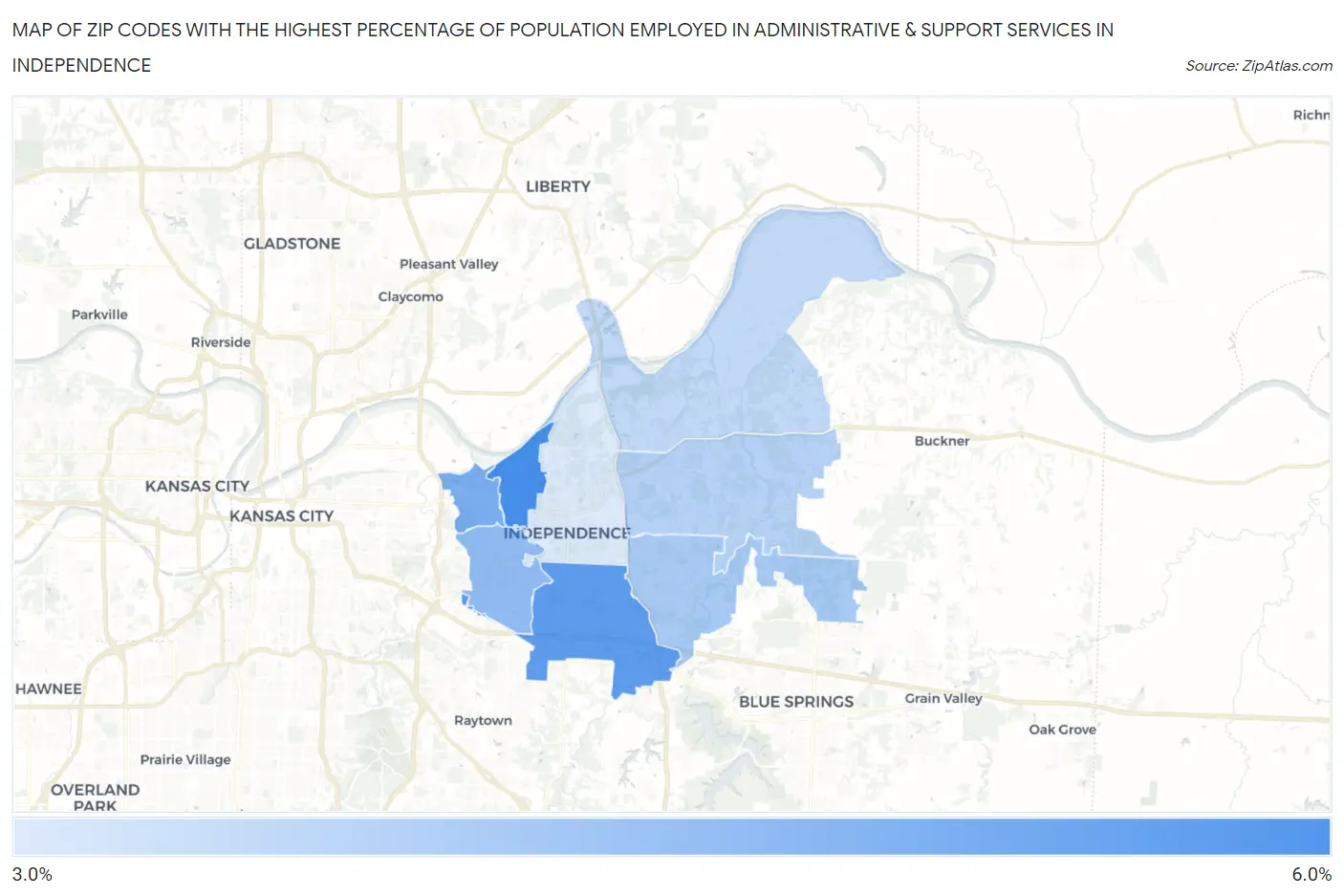 Zip Codes with the Highest Percentage of Population Employed in Administrative & Support Services in Independence Map