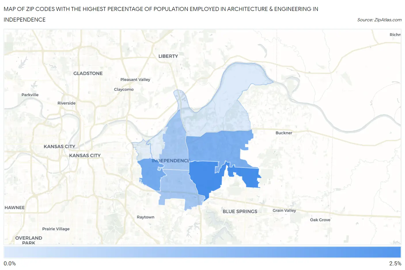 Zip Codes with the Highest Percentage of Population Employed in Architecture & Engineering in Independence Map