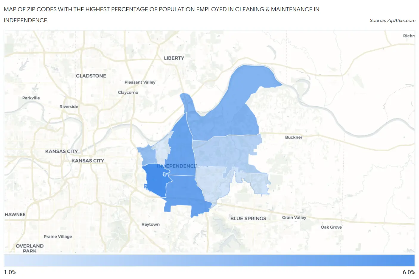 Zip Codes with the Highest Percentage of Population Employed in Cleaning & Maintenance in Independence Map