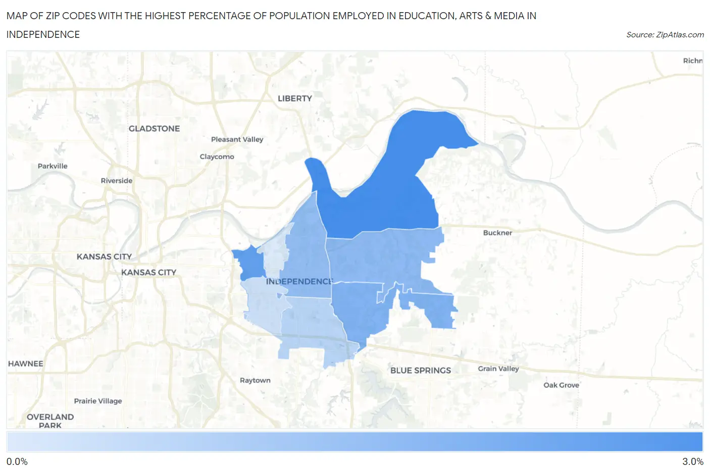 Zip Codes with the Highest Percentage of Population Employed in Education, Arts & Media in Independence Map