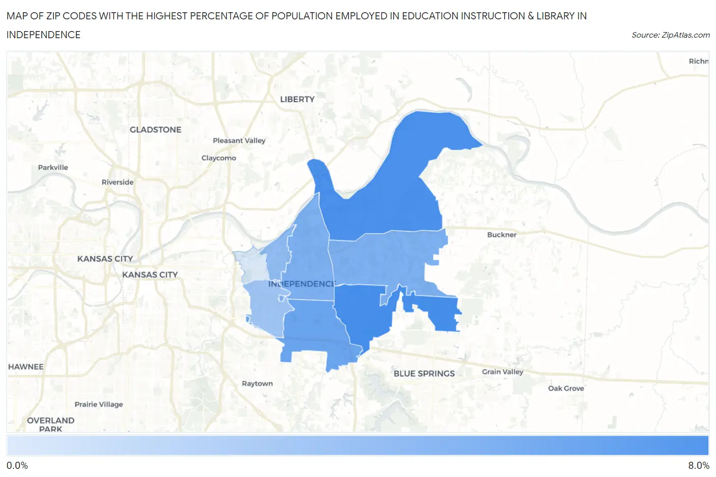 Zip Codes with the Highest Percentage of Population Employed in Education Instruction & Library in Independence Map