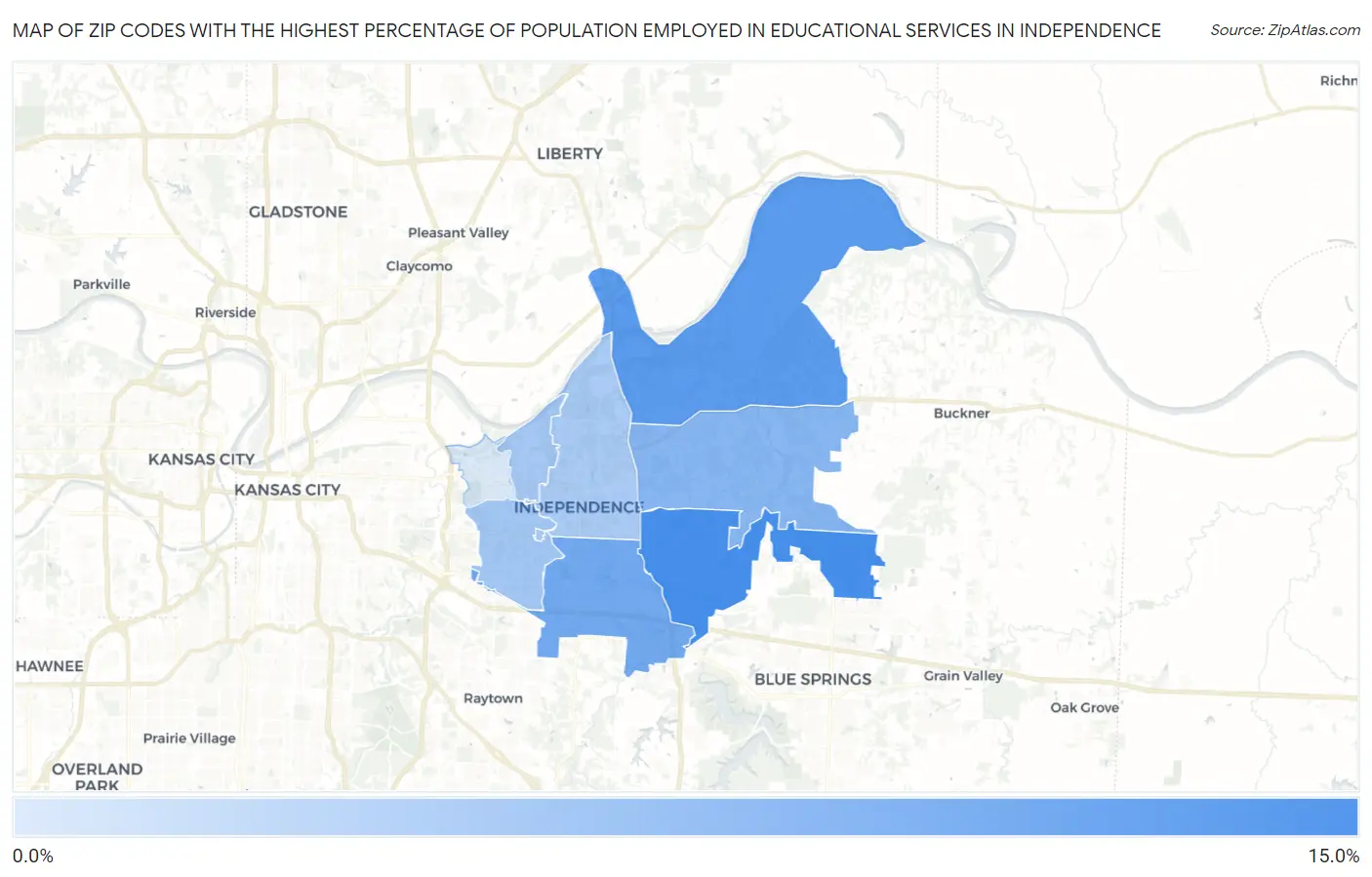 Zip Codes with the Highest Percentage of Population Employed in Educational Services in Independence Map