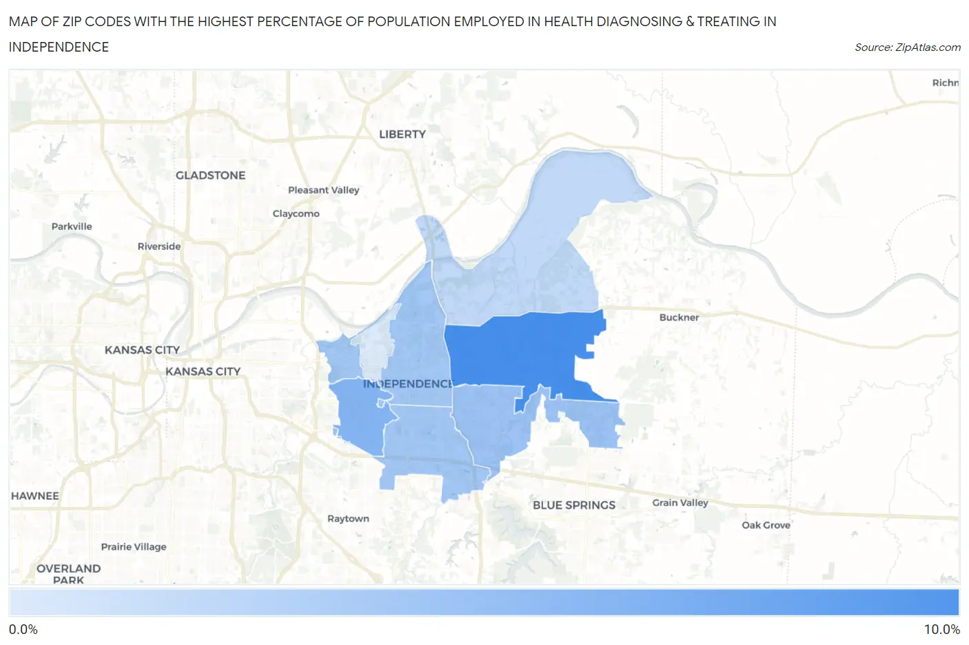 Zip Codes with the Highest Percentage of Population Employed in Health Diagnosing & Treating in Independence Map