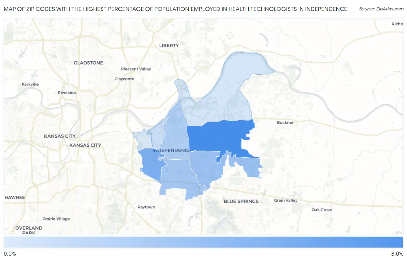 Zip Codes with the Highest Percentage of Population Employed in Health Technologists in Independence Map