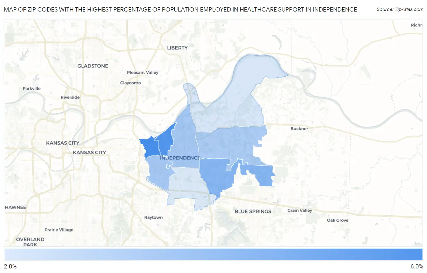 Zip Codes with the Highest Percentage of Population Employed in Healthcare Support in Independence Map